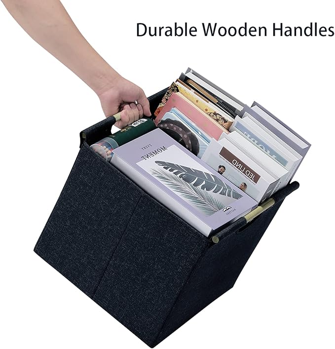 HOONEX Collapsible Storage Bins, 12x12x12in Storage Cubes Linen Fabric, 3 Pack, Storage Baskets with Wooden Carry Handles and Sturdy Heavy Cardboard, for Home, Office, Car, Nursery, Dark Grey