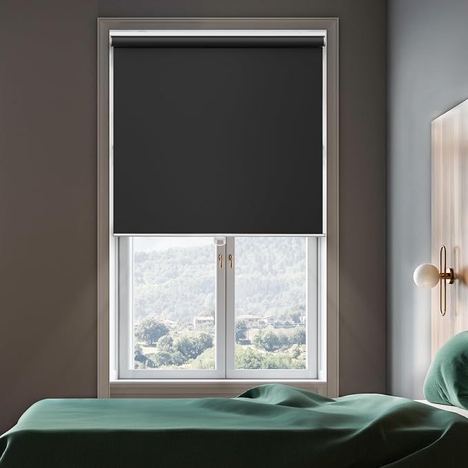 GENIMO 100% Blackout Roller Window Shades, Window Blinds Cordless with Thermal Insulated, UV Protection Fabric, Mini French Door Blinds for Home, Office, Bedroom, Easy to Install, Black, 48" W X 72" H