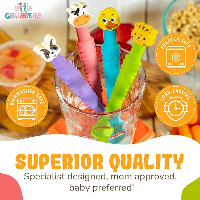 Little Grubbers 3-in-1 Silicone Baby Spoon Self Feeding 6+ Months - Pediatric OT Designed Teether Spoon, BPA Free Toddler Utensils, Mess-Free, Fun for Baby Led Weaning Supplies, Cow & Duck