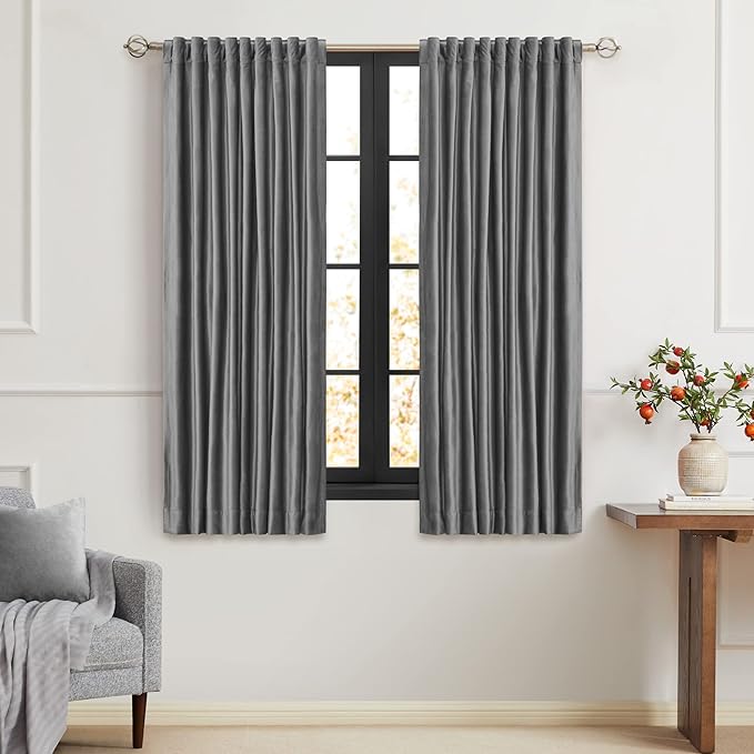 PRIMROSE Dark Grey Velvet Curtains 63 inch Long for Living Room,Set of 2 Panels Blackout Rod Pocket Back Tab Window Treatment Room Darkening Heavy Decorative Curtains Drapes for Bedroom