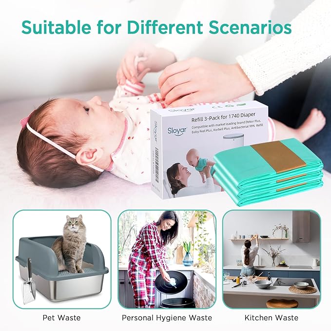 Sloyar Refills Compatible with DEKOR CLASSIC Diaper Pails/3 Pack/30% Thicker Design/Suitable for Seniors and Infants/Baby Powder Fragrance/Holds up to 1740 Diapers