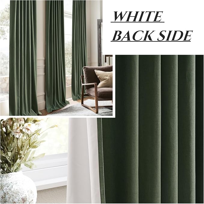 Pinch Pleated Curtains with Rings and Hooks Loden 102 Inch 8-1/2ft Tall Vintage Curtains for Bedroom Dark Olive Green Moody Drapes 100 Percent Blackout Noise Dampening Window Curtain Linen 2 Panels
