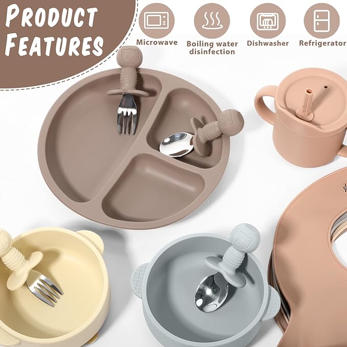 Yinder 32 Pack Silicone Baby Feeding Set Baby LED Weaning Supplies Includes Suction Divided Plates Soft Bowl Spoons Forks Adjustable Bib Snack Cup with Lid and Straws (Soft Color)