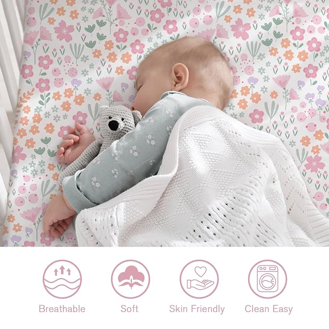 Little Grape Land Crib Sheets 2 Pack, Microfiber Fitted Crib Sheet for Standard Crib Mattress 52"x28"x8", Soft and Neutral Baby Crib Sheets for Boys and Girls, Breathable & Easy Care, Petal Meadow