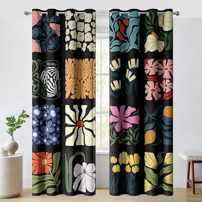 Boho Vintage Floral Blackout Curtains，Retro Colorful Lattice Flower Modern Art Aesthetic Window Drapes，Living Room Bedroom Decor 2 Panels 52x84 Inch
