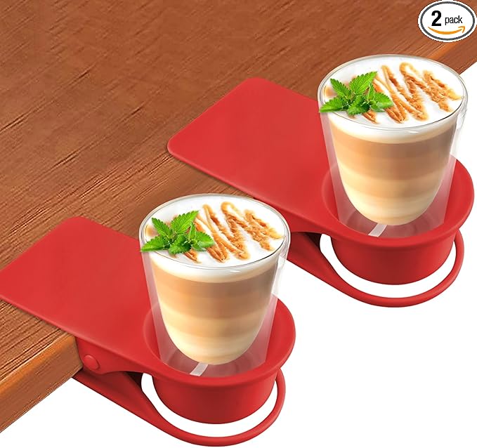 Kalolary 2-Pack Table Edge Cup Holder - Versatile Clip for Drinking Cups, Mugs & Bottles - Ideal for Home, Office & School (Red)
