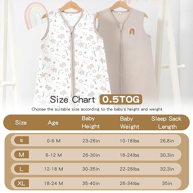 TILLYOU 2 Pack Baby Sleep Sack 18-24 Months 100% Cotton Wearable Blanket 0.5 TOG Sleeveless Summer Sleep Sacks with 2-Way Zipper, Happy Forrest & Nude