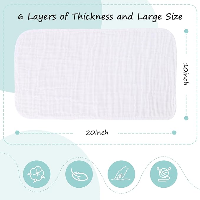 HIPHOP PANDA 20 Pack 6-Layers Muslin Burp Cloths Large - Durable 100% Cotton - Baby Essentials Extra Absorbent and Soft Boys & Girls Rags for Newborn Registry (White, 20" X10")