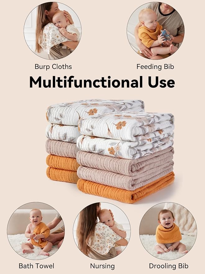 TILLYOU Muslin Burp Cloths Baby Boy Girl 20" x 10", 6-Layer Absorbent 100% Cotton Burping Cloths Large Soft, 10 Pack(Yellow Flower)