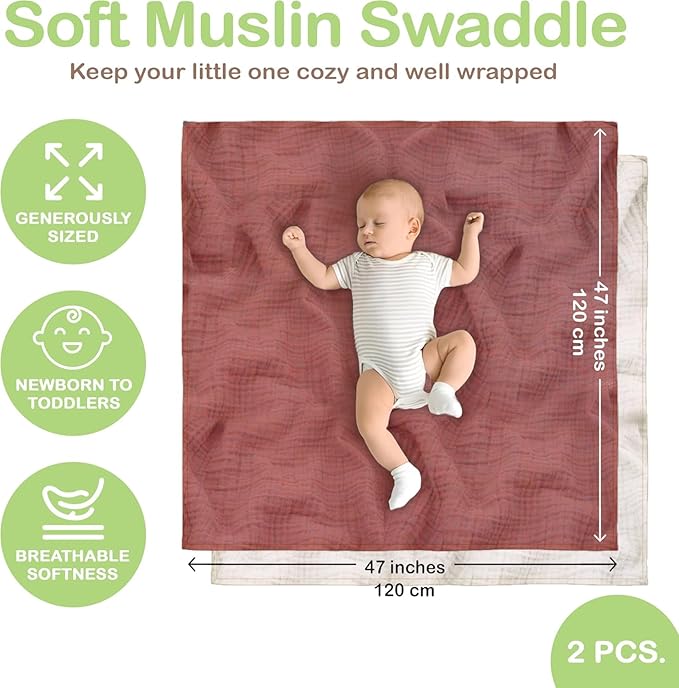100% Organic Cotton Muslin Baby Blanket - 47 x 47 Inch Breathable Swaddle Blankets, Hypoallergenic Double-Layer, Soft and Cozy Newborn Baby Blanket for Sleeping and Everyday Use (Rust/Ivory)