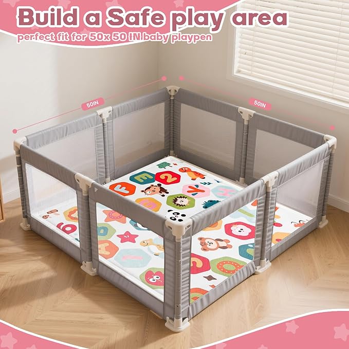 Baby Play Mat for Floor,1.3" Thick Elasti-Foam Playpen Mat for Tummy Time, Easy Care with Non-Slip Cushioned for Infant,Kids and Toddler Crawling