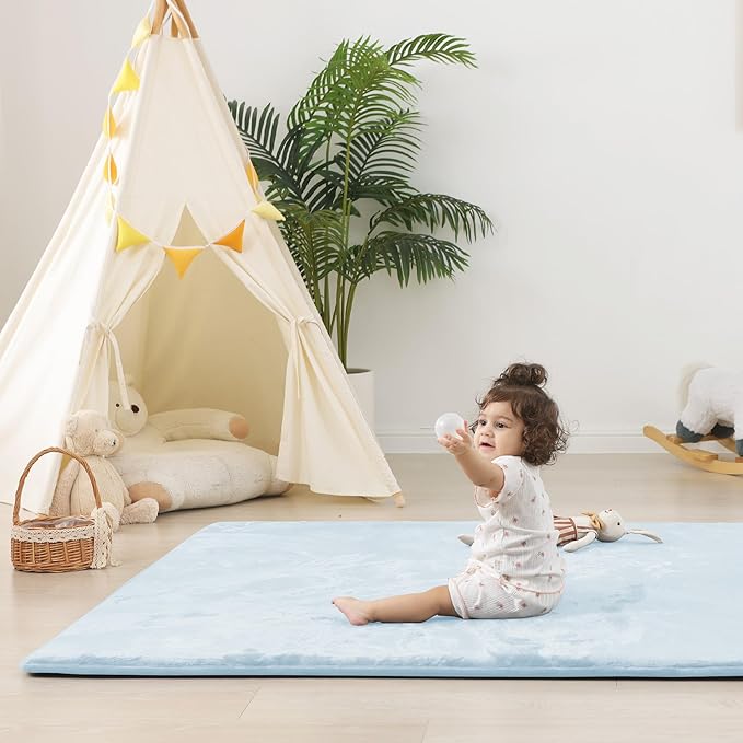 1.5" Thick Baby Play Mat for Floor, 59x79 Playpen Mat, Pro Soft Flannel Foam Mats Toddler Infant Kids Crawling for Nursery Rug Playroom Living Room Waterproof Easy Care Non-Slip (Baby Blue)