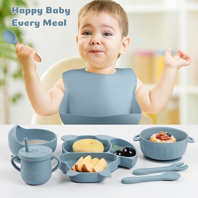 Silicone Baby Feeding Set 15 Pcs，Baby Plates,Baby Spoons Suction Bowl Divided Plate Bib Cup Finger Brush Training cups,Baby Led Weaning Supplies（blue）