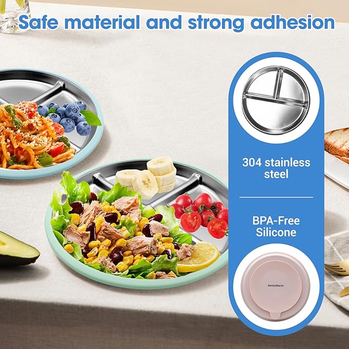 AestuWarm 4 Pack Stainless Steel Baby Suction Plates, 9 Inch Multicolor Divided Toddler Plates with Extra-Large One-Piece Silicone Suction Base | Baby, Toddler, Kids| Dinner & Snack Plates