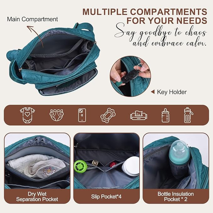 Rexmore Puffer Quilted Fanny Pack Diaper Bag for Mom - Women‘s Compact Crossbody Purse with Portable Changing Pad & Wipes Pouch, Travel & Quick Errand Baby Essentials Organizer (Dark Green)