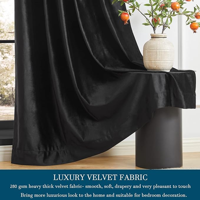 PRIMROSE Black Curtains 102 inch for Living Room Velvet Drapes Blackout Rod Pocket Back Tab Window Treatment Semi Room Darkening Decor Curtains for Bedroom Set of 2 Panels