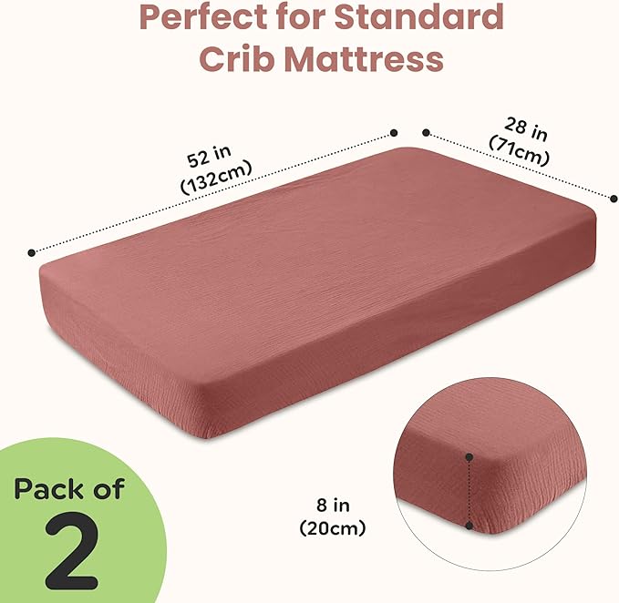 100% Organic Cotton Muslin Crib Sheets (Set of 2) – Soft & Breathable Fitted Sheets for Boys and Girls, Neutral Colors – Fits Standard Baby Crib Mattress (28 x 52 Inches) (Rust/Ivory)