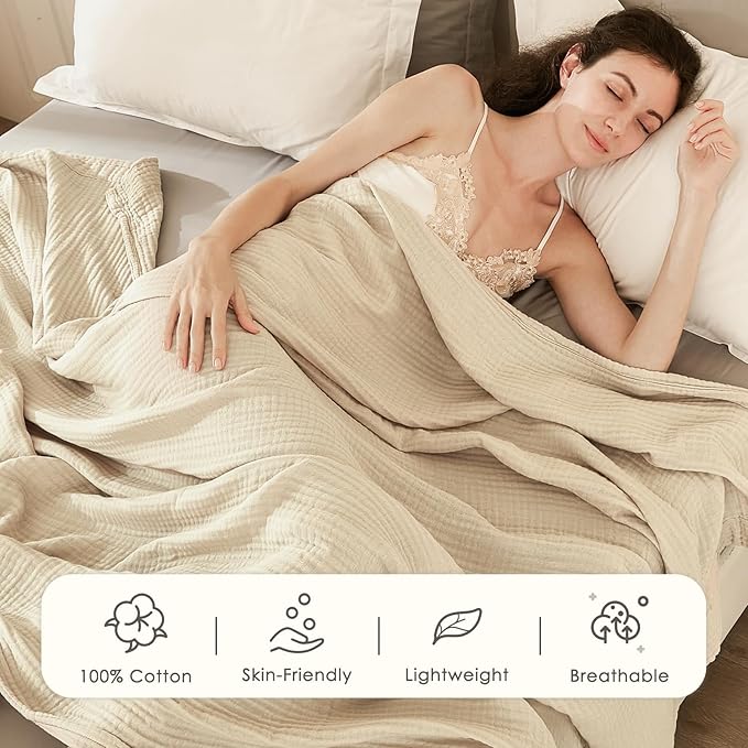 EMME Cotton Muslin King Blanket Big Oversized Bed Layering Bedspread Coverlet Light Tan Breathable Gauze Soft Lightweight Blankets (120"x94")