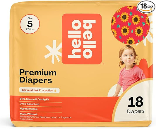 Hello Bello Diapers, Size 5 (27 lbs) Flower Child, 18 Count of Premium Disposable Baby Diapers, Hypoallergenic with Soft, Cloth-Like Feel