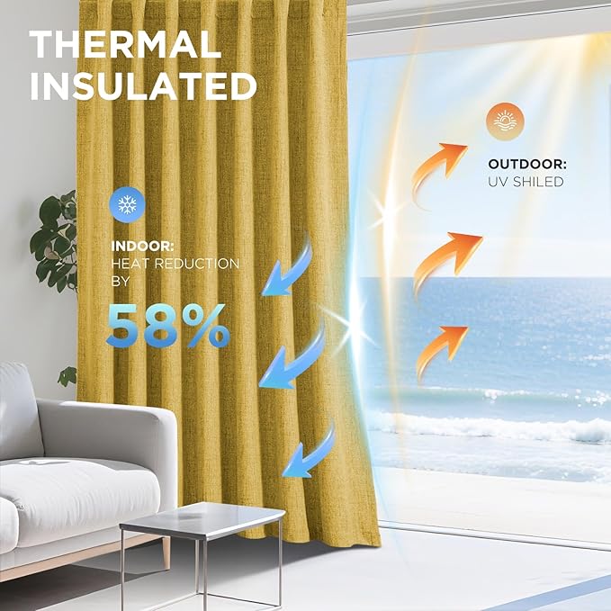 Joydeco Linen Blackout Curtains for Bedroom - 100% Light Blocking 1 Panels, Yellow Drapes 70" W x 96" L, Thermal Insulated Room Darkening Curtains for Living Room, Rod Pocket & Back Tabs