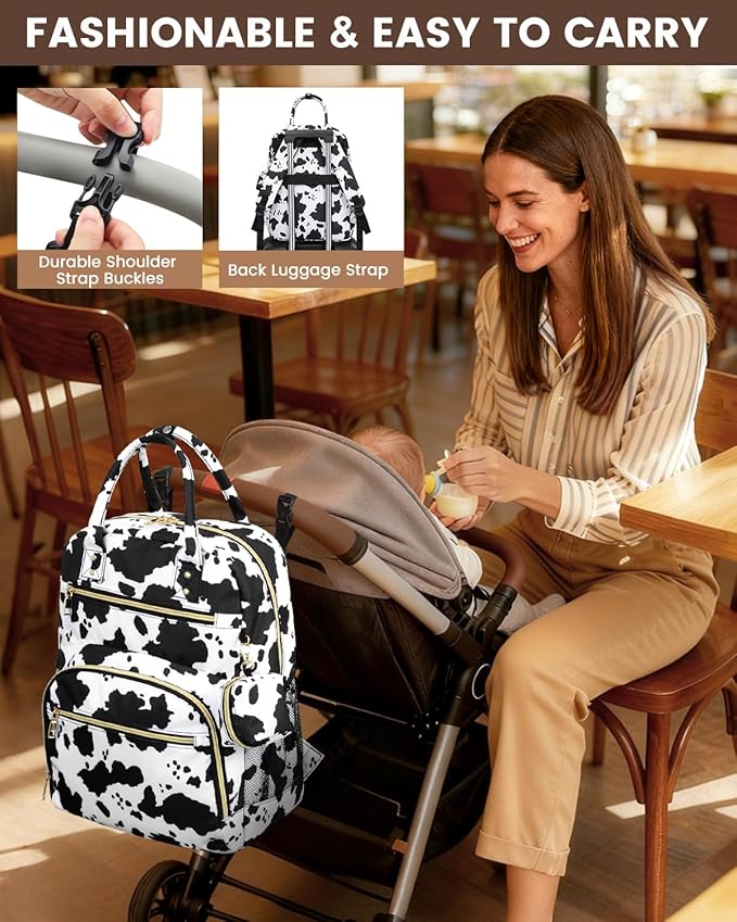 Diaper Bag Backpack,Baby Essentials Diapers Bag with Pacifier Case,Multipurpose Stylish Large Capacity Travel Backpack for Baby Girl/Boy(M-Cow Print)