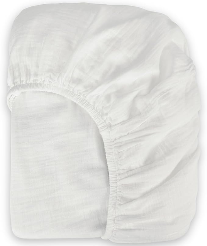 Bioweaves Organic Cotton Muslin Mini Crib Sheet, GOTS Certified Fitted Mini Crib Mattress Sheet, Extra Soft & Breathable for Toddler, Baby Boys & Girls, 38" x 24", 5 Inch Pocket, White
