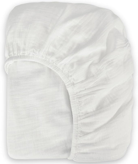 Bioweaves Organic Cotton Muslin Mini Crib Sheet, GOTS Certified Fitted Mini Crib Mattress Sheet, Extra Soft & Breathable for Toddler, Baby Boys & Girls, 38" x 24", 5 Inch Pocket, White