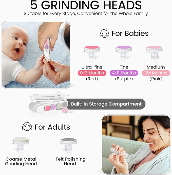 IvyWind Baby Nail File Electric, 5 in 1 Universal Baby Nail Trimmer with LED Light, Automatic Safety Baby Nail Clippers for Infants Newborn Toddler Kids Adults, 2 Speeds, Simple Operation, Gray