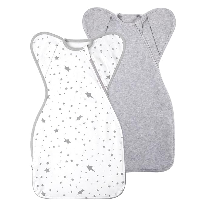 Premium Soft Cotton Swaddle Blanket Sleep Sack Arms Up 2 Packs 6-12 Months, Hands Up 3-Way Transitions to Arms-Free Wearable Sleeping Sack Bag for Babies Boys Girls Snug Fit Calms Startle Reflex