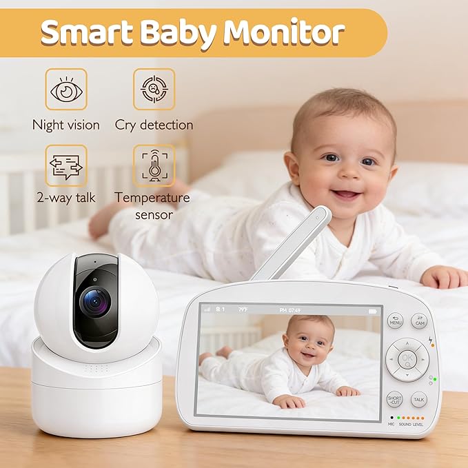 Baby Monitor with Camera and Audio, No WiFi, 5" HD IPS Screen & Remote Pan-Tilt-Zoom, HD Night Vision, 2-Way Talk, Cry Notifications, Temperature Sensor, 5 Lullabies, 1000ft Long Range