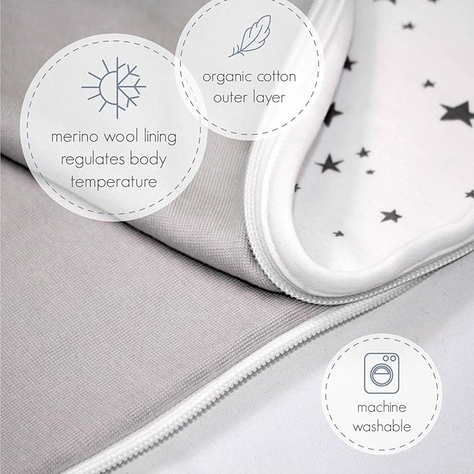 Woolino Merino Wool and Organic Cotton Baby Sleep Bag - 4 Season Classic Sleep Sack - Two-Way Zipper Sleeping Bag for Baby and Toddler - 6-18 Months - Night Sky