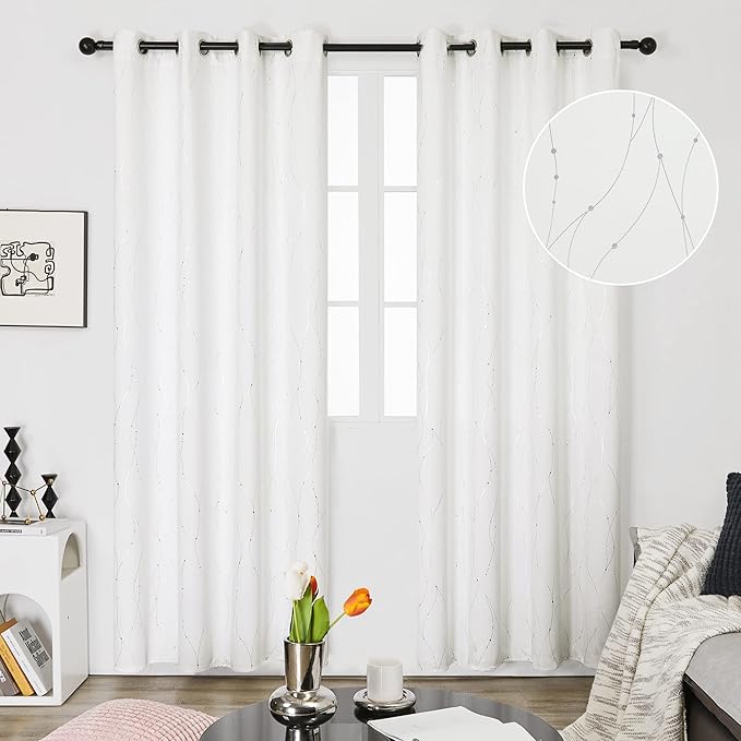 Deconovo Blackout Grommet Silver Pattern Printed Curtains, Pure White, 52W x 84L