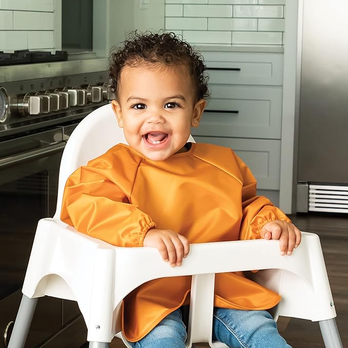 Tiny Twinkle Long Sleeve Bib for Babies & Toddlers | 2-Pack Waterproof Smock Bib for Eating | Machine Washable & Mess-Proof Feeding Essentials | Newborn Shower Gift (Sand Cinnamon,2-4Y)