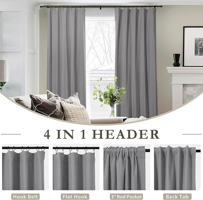 ChadMade 192 Inches Extra Long Curtains, Light Blocking Rod Pocket Back Tab Hook Belt Flat Hooks Curtains for Living Room Set of 2 Panels Privacy Curtains, Grey, 2 Panels, 50 W x 192 L Inch