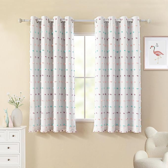 MYSKY HOME Cute Blackout Curtains for Kids Bedroom Nursery Curtains 100% Light Block Doubled Curtains with Rainbow Pom Pom Sheer Window Drapes Room Darkening Grommet Set of 2, 52 x 63 in
