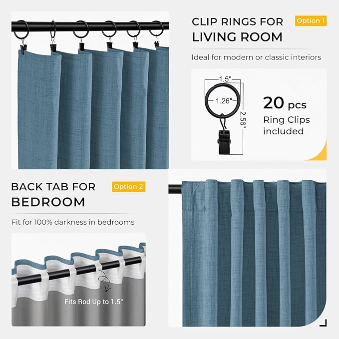 INOVADAY 100% Blackout Curtains for Bedroom, Black Out Curtains 96 Inch Long, Clip Rings Linen Blackout Drapes, Thermal Insulated Room Darkening for Living Room, 2 Panels - Tone Blue,W50xL96