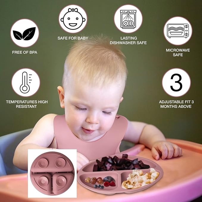 Mutualproducts 10 Pcs Baby Utensils – Silicone Baby Spoons and Forks for Self Feeding – Suction Plate - Anti-Choke Baby Feeding Supplies – Baby Led Weaning Set with 2 Bibs – Great Gift Set (Pink)