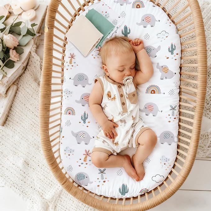 3 Pack Stretchy Bassinet Sheets - Universal Fit for Rectangle, Round, Oval, Hourglass Cradles & Moses Baskets - Soft Breathable Fitted Bassinet Sheets Set for Baby Boy Girl - Mint Green & Elephant