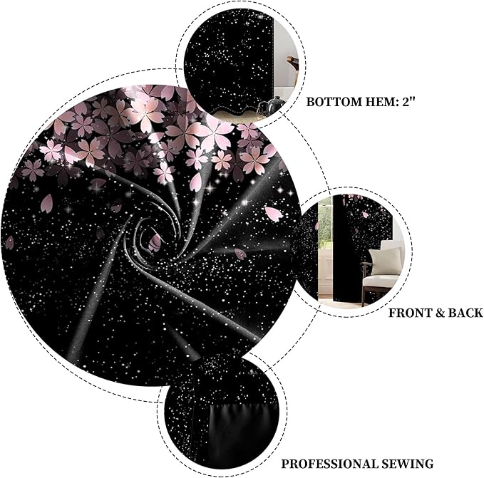 Renaiss Pink Cherry Patels Blackout Curtains, Japanese Cherry Flowers Thermal Insulated Bedroom Window Curtains, Black Floral Bossom Window Drapes for Living Room, 108" L x 53" W 2 Panel Set