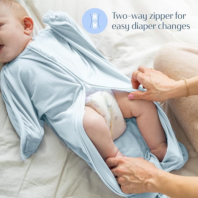 SleepingBaby Bamboo Zipadee-Zip Transition Swaddle – EverSoft Wearable Blanket with Two-Way Zipper for Easy Diaper Changes, Small 4-8 months, Sky Blue