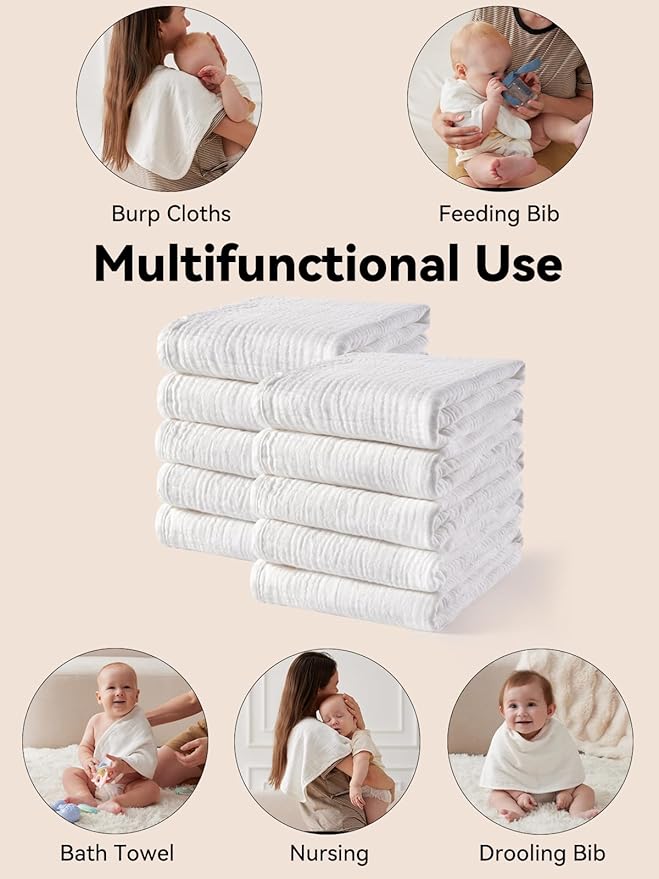 TILLYOU Muslin Burp Cloths Baby Boy Girl 20" x 10", 6-Layer Absorbent 100% Cotton Burping Cloths Large Soft, 10 Pack(White)