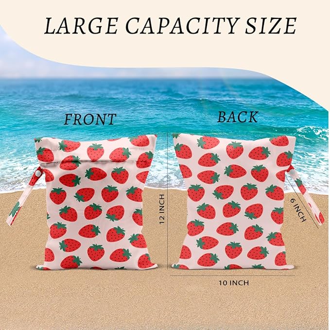 Strawberry Wet Bags 12x10 Inch, Fruits Waterproof Travel Laundry Bags, Pink Reusable Wet Dry Bag for Swimsuit Pool Beach Diapers Dirty Yoga Gym Clothes, Strawberry Gifts for Women Friend Travelers