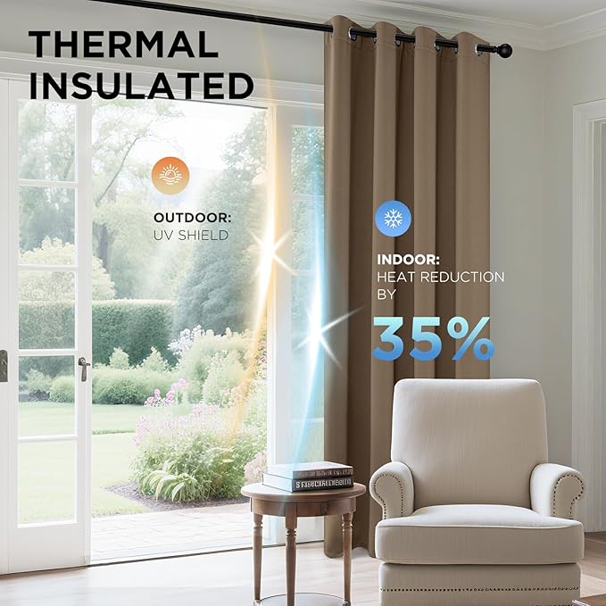 Joydeco Blackout Curtains 63 Inch Length 2 Panels Set, Thermal Insulated Long Curtains& Drapes 2 Burg, Room Darkening Grommet Drapes for Living Room Bedroom Window (W52 x L63 Inch, Khaki)