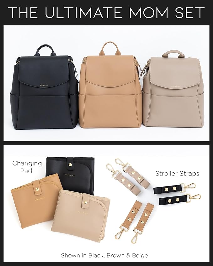 MIA + SOPHIA Leather Diaper Bag Backpack with USB Charging port, Changing Pad, Stroller Straps (Black Olivia)