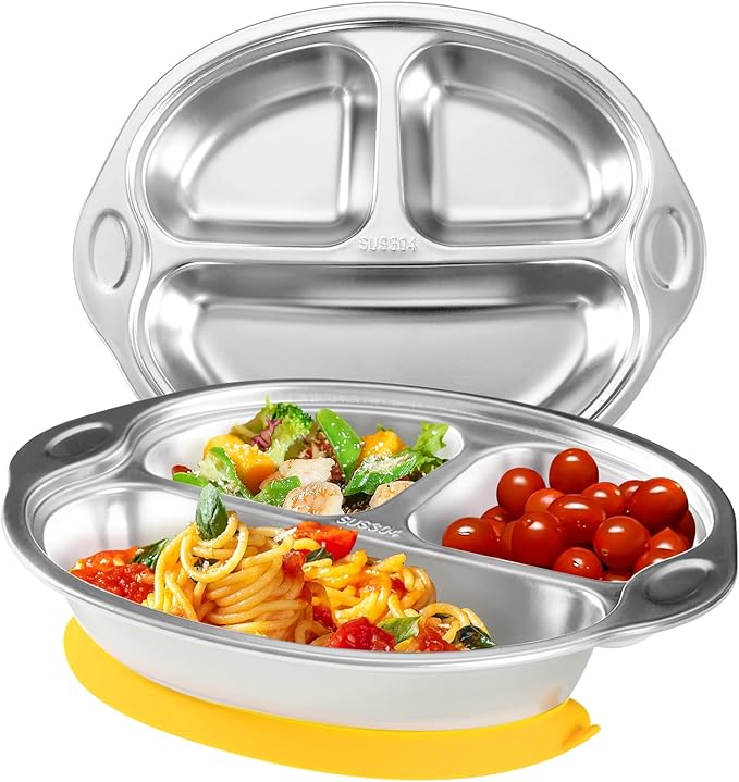 Mrs. Chou Stainless Steel Baby Suction Plates: Divided Plates for Babies and Toddlers, Made of 100% Food-Grade Materials Ideal for Baby-Led Weaning BPA-Free Toddler Feeding Dishwasher Safe Yellow