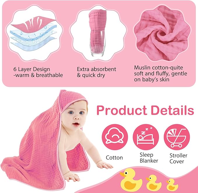 Peryiter 4 Pcs Muslin Hooded Baby Towels 32x32inch Cotton Newborn Bath Essentials Muslin Infant Blankets Absorbent Registry Baby Shower Present for Babies Girl Boy Kids (Pink Series)