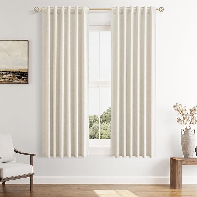 Guken 100% Blackout Linen Curtains 63 Inch Length 2 Panels Set for Living Room Bedroom Back Tab Thermal Insulated Black Out Drapes Room Darkening Window Curtains 40 Wide