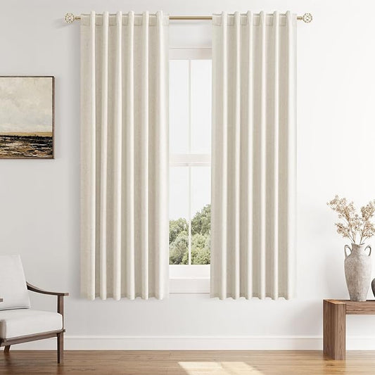 Guken 100% Blackout Linen Curtains 63 Inch Length 2 Panels Set for Living Room Bedroom Back Tab Thermal Insulated Black Out Drapes Room Darkening Window Curtains 40 Wide