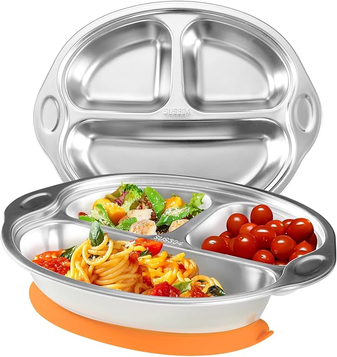 Mrs. Chou Stainless Steel Baby Suction Plates: Divided Plates for Babies & Toddlers, BPA-Free, Dishwasher Safe, Orange