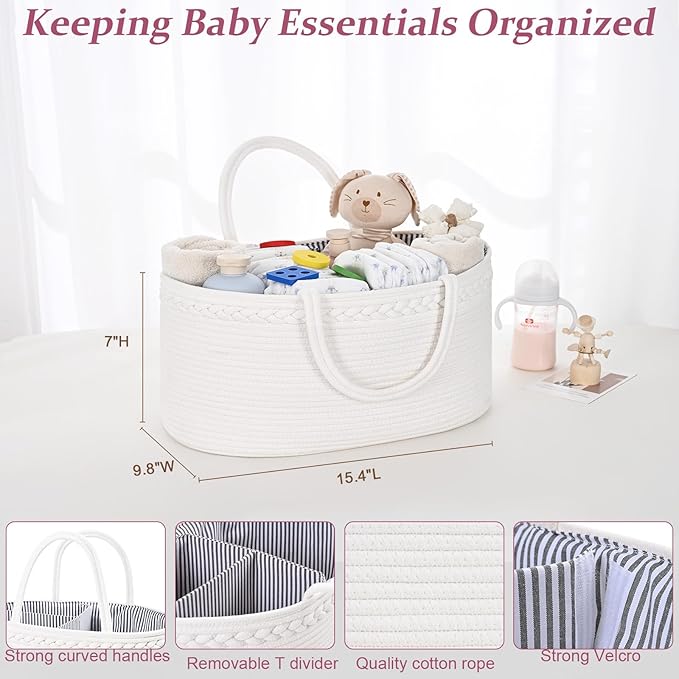 13.5L Baby Diaper Caddy Organizer, 15.3"x9.8"x7" Cotton Rope Diaper Basket, Changing Table Storage Caddy With Removable Divider, Baby Basket for Nursery, Car, Diapers, Baby Shower Gifts for Newborn